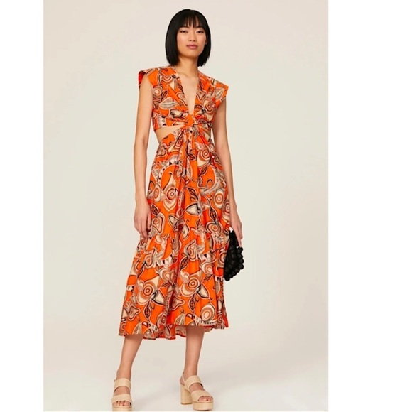 A.L.C Alexandria Orange Printed Statement Iconic Style Cutout Midi Dress - Picture 1 of 14